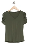 T Tahari Ruched Sleeve V-neck T-shirt In Cypress Olive
