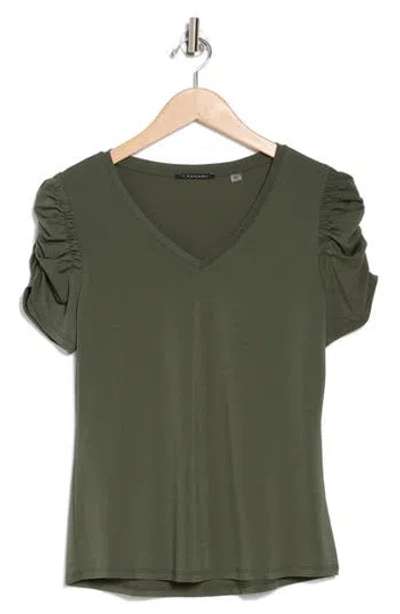 T Tahari Ruched Sleeve V-neck T-shirt In Cypress Olive