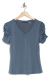 T Tahari Ruched Sleeve V-neck T-shirt In Deep Slate Blue