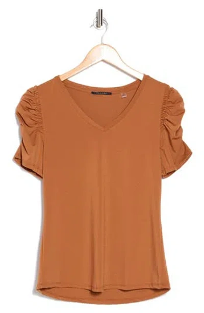 T Tahari Ruched Sleeve V-neck T-shirt In Wild Honey