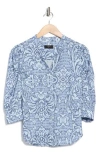 T Tahari Ruched Split Neck Top In Blue