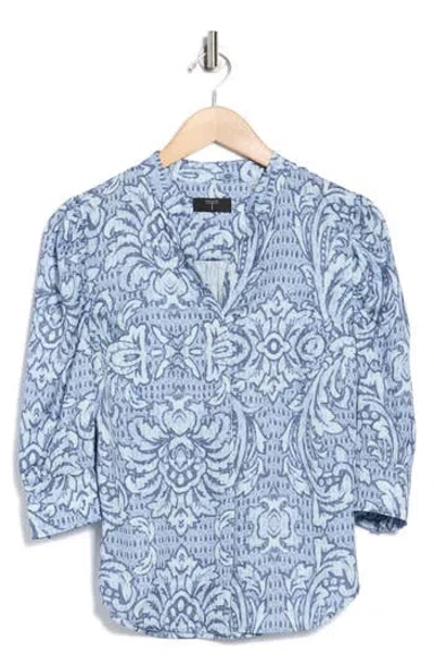 T Tahari Ruched Split Neck Top In Blue