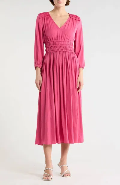 T Tahari Ruched V Neck 3/4-sleeve Midi Dress In Bombay Pink