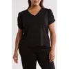 T Tahari Ruched V-neck T-shirt In Black