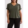 T Tahari Ruched V-neck T-shirt In Cypress Olive