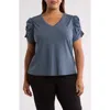 T Tahari Ruched V-neck T-shirt In Deep Slate Blue