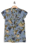 T Tahari Ruffle Cap Sleeve Button-up Top In Blue Garden Floral