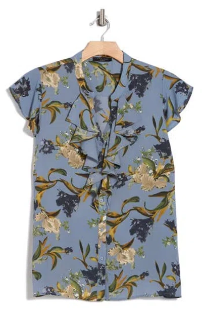 T Tahari Ruffle Cap Sleeve Button-up Top In Blue Garden Floral