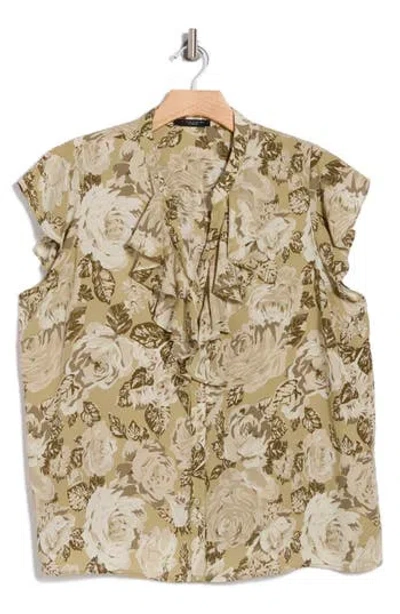 T Tahari Ruffle Cap Sleeve Button-up Top In Green Leaf Print