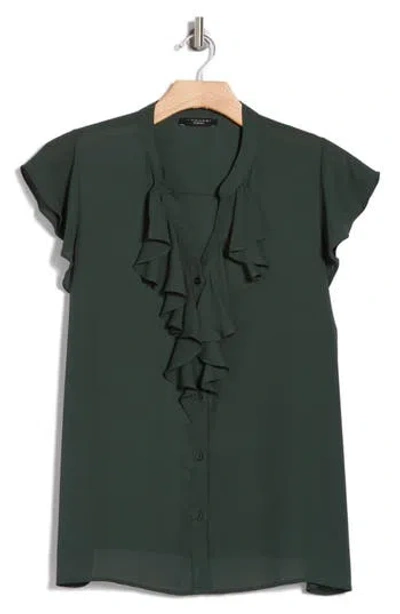 T Tahari Ruffle Cap Sleeve Button-up Top In Jungle Green