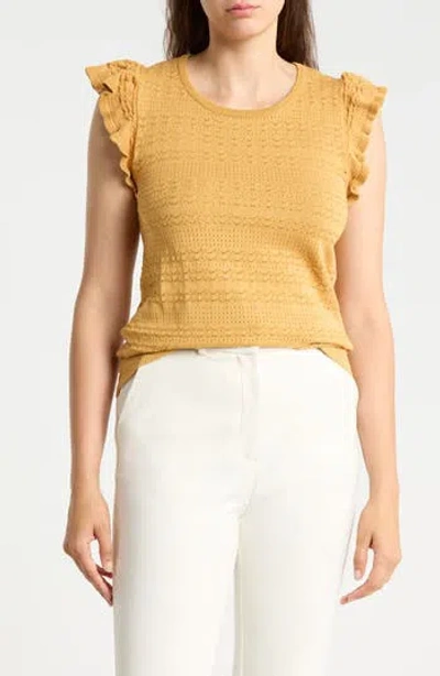 T Tahari Ruffle Cap Sleeve Pointelle Sweater In Gold