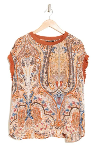 T Tahari Ruffle Cap Sleeve Top In Cashew/taupe Paisley