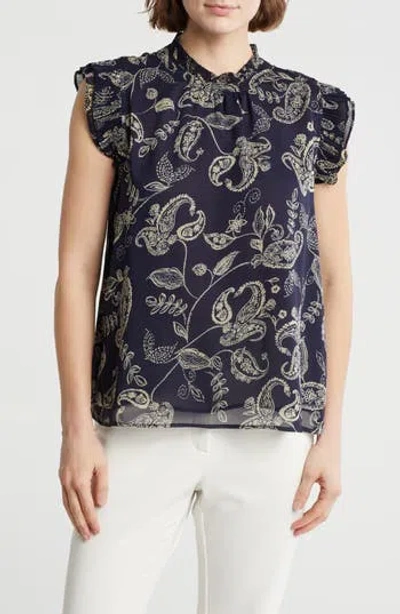 T Tahari Ruffle Cap Sleeve Top In Deep Navy/white Paisley