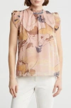 T Tahari Ruffle Cap Sleeve Top In Dusty Pink Floral
