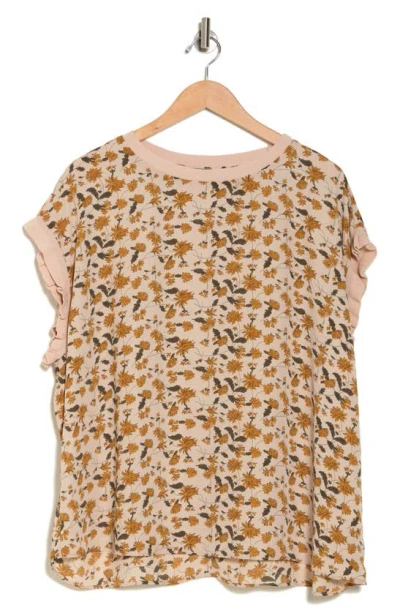 T Tahari Ruffle Cap Sleeve Top In Ivory Maize Leaf Print