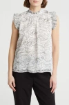 T Tahari Ruffle Cap Sleeve Top In White Star Black Sketch Floral