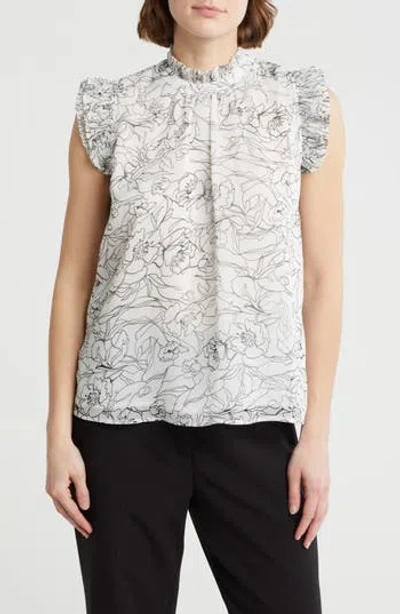 T Tahari Ruffle Cap Sleeve Top In White Star Black Sketch Floral