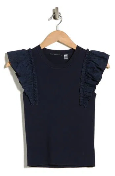 T Tahari Ruffle Mixed Media Rib Sweater In Black