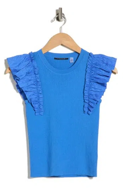 T Tahari Ruffle Mixed Media Rib Sweater In Blue