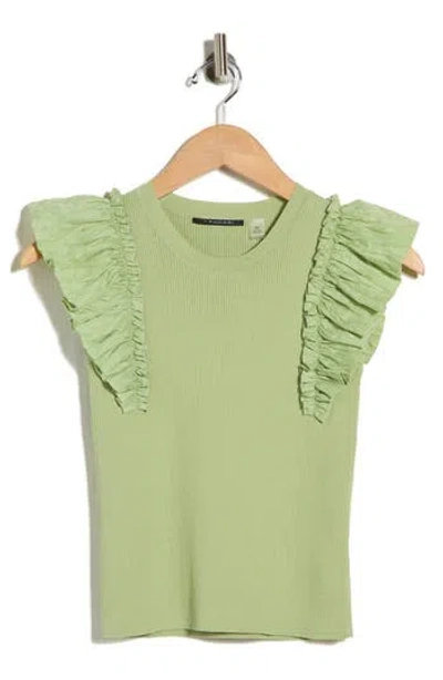 T Tahari Ruffle Mixed Media Rib Sweater In Green