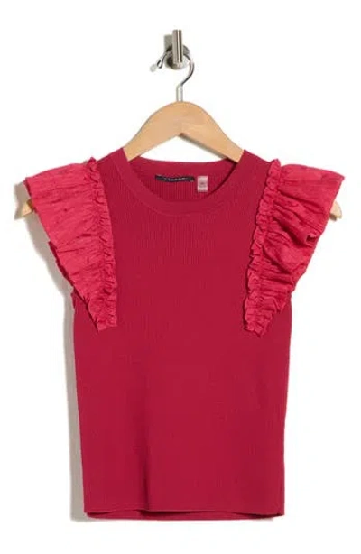 T Tahari Ruffle Mixed Media Rib Sweater In Red