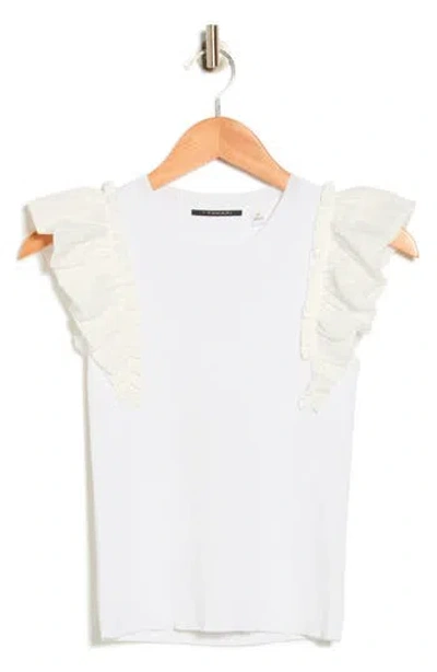 T Tahari Ruffle Mixed Media Rib Sweater In White