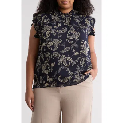 T Tahari Ruffle Mock Neck Cap Sleeve Chiffon Top