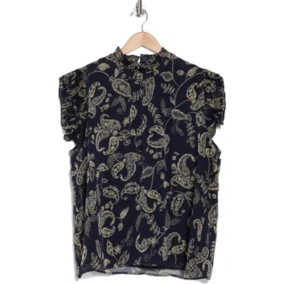 T Tahari Ruffle Mock Neck Cap Sleeve Chiffon Top In Deep Navy/white Pais