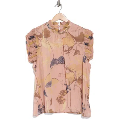 T Tahari Ruffle Mock Neck Cap Sleeve Chiffon Top In Dusty Pink Floral