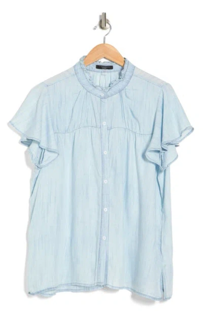 T Tahari Ruffle Neck Tencel® Button-up Shirt In Baby Blue