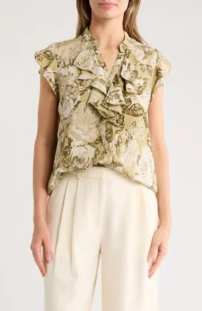 T TAHARI T TAHARI RUFFLE SHORT SLEEVE BUTTON-UP TOP