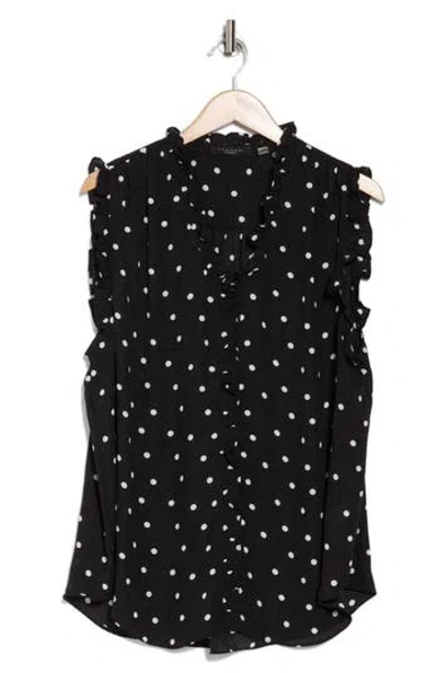 T Tahari Ruffle Sleeveless Top In Black/white Dots