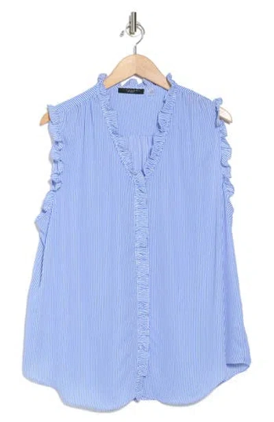 T Tahari Ruffle Sleeveless Top In Medium Blue/white St