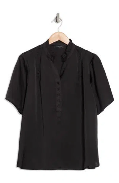 T Tahari Ruffle Split Neck Short Sleeve Top In Black