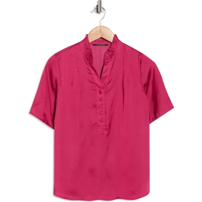 T Tahari Ruffle Split Neck Short Sleeve Top In Pink