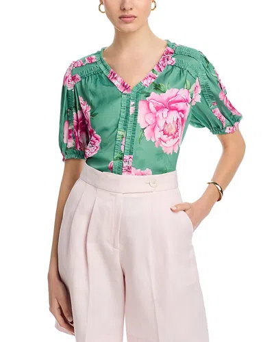 T Tahari Ruffled Floral Blouse In Pink Bouquet Garden