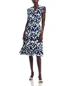 T Tahari Ruffled Trim Smocked Waist Dress In Spliced Geo Print