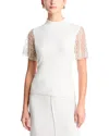 T Tahari Sequin & Beaded Flutter Sleeve Mock Neck Sweater In White