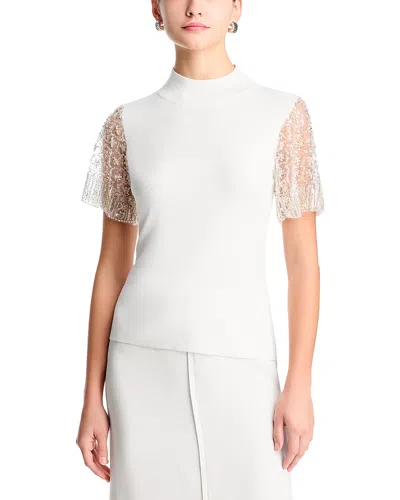 T Tahari Sequin & Beaded Flutter Sleeve Mock Neck Sweater In White