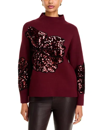 T Tahari Sequin Soutache Funnel Neck Sweater In Burgundy