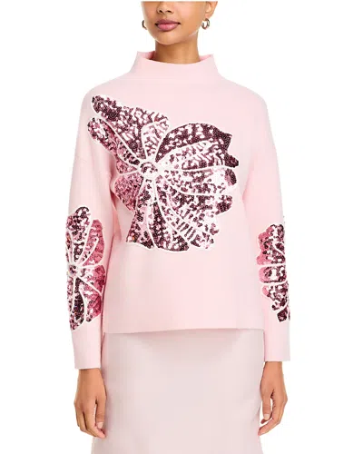 T Tahari Sequin Soutache Funnel Neck Sweater In Pink