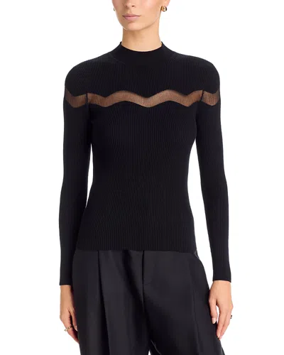 T Tahari Sheer Insert Ribbed Sweater In Black