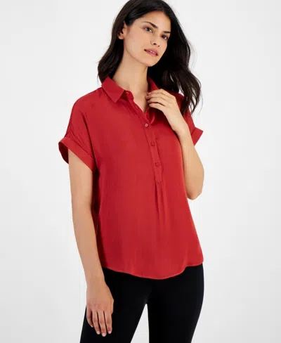 T TAHARI SHIRT WOMEN'S RED CUFFED SHORT SLEEVE COLLARED BUTTON-UP FTS1226