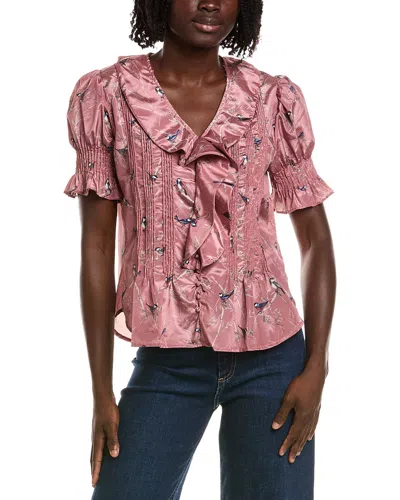 T Tahari Short Gathered Sleeve Ruffle Top In Pink