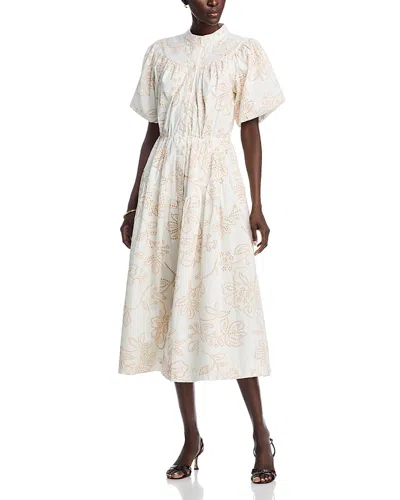 T Tahari Short Puff Sleeve Button Down Printed Eyelet Midi Dress In White