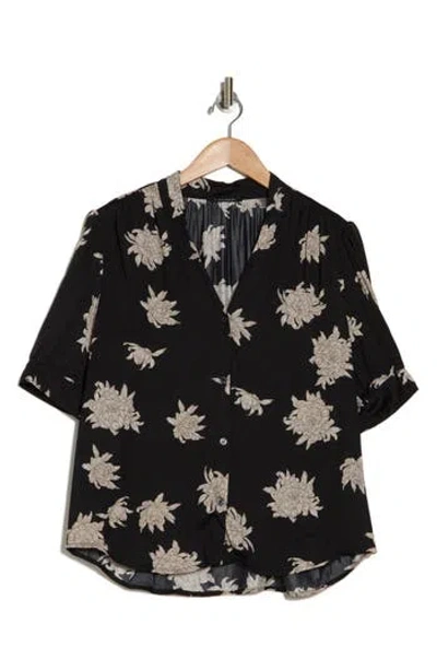 T Tahari Short Sleeve Airflow Blouse In Black Peony Print