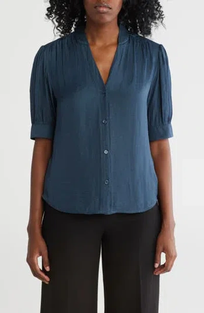 T Tahari Short Sleeve Airflow Blouse In Solid Slate Blue