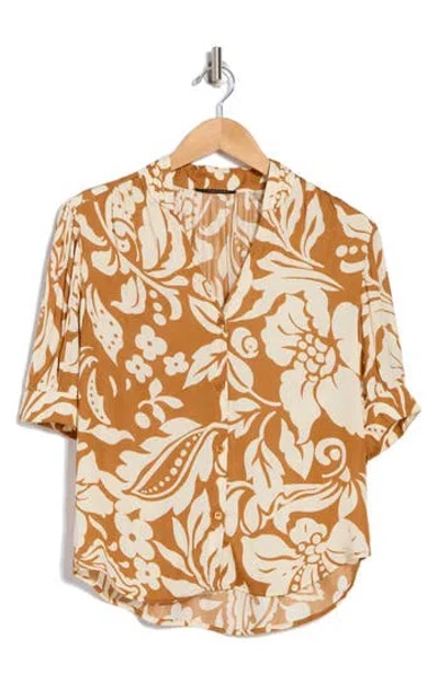T Tahari Short Sleeve Airflow Blouse In Toffee/ivory Floral Print