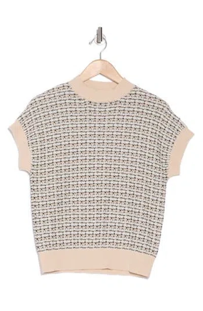 T Tahari Short Sleeve Crew Sweater In Ivory/black/taupe Combo