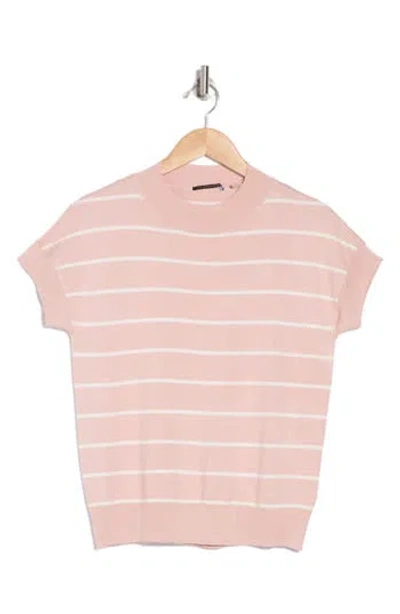 T Tahari Short Sleeve Crew Sweater In Light Blush/ivory Stripe